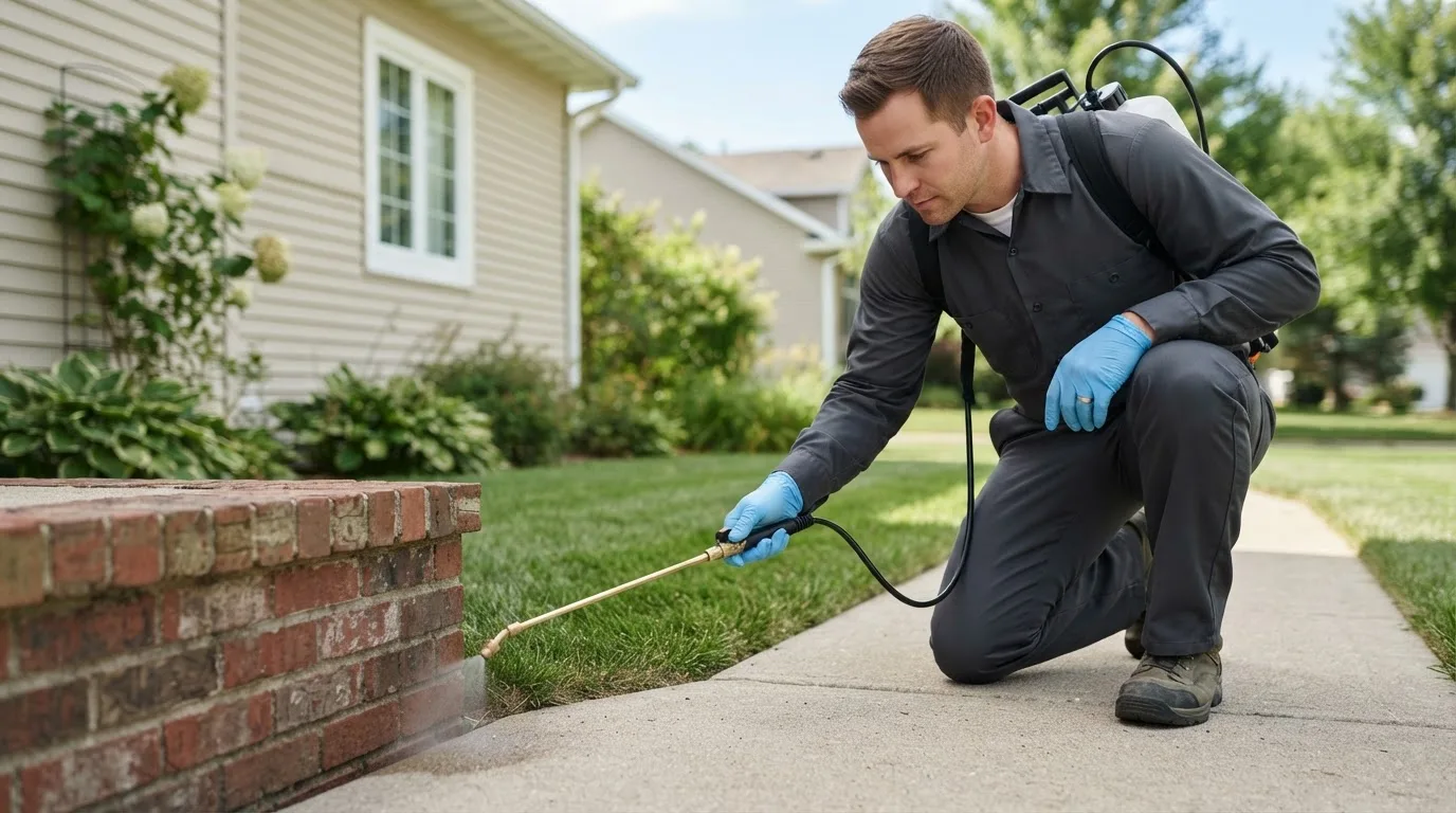 Pest control technician treating a home near Richmond, VT